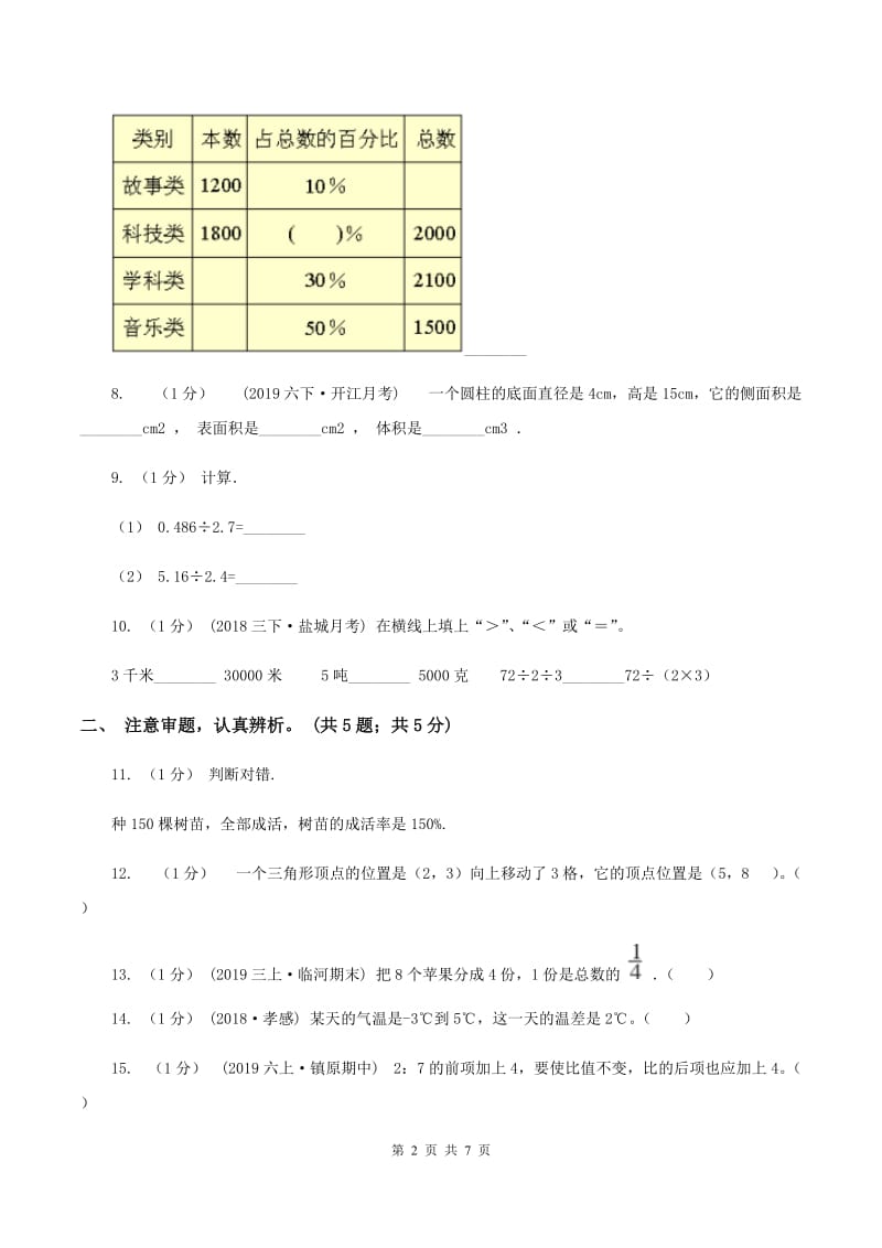 浙教版小学数学小升初押题预测卷(一) （I）卷_第2页