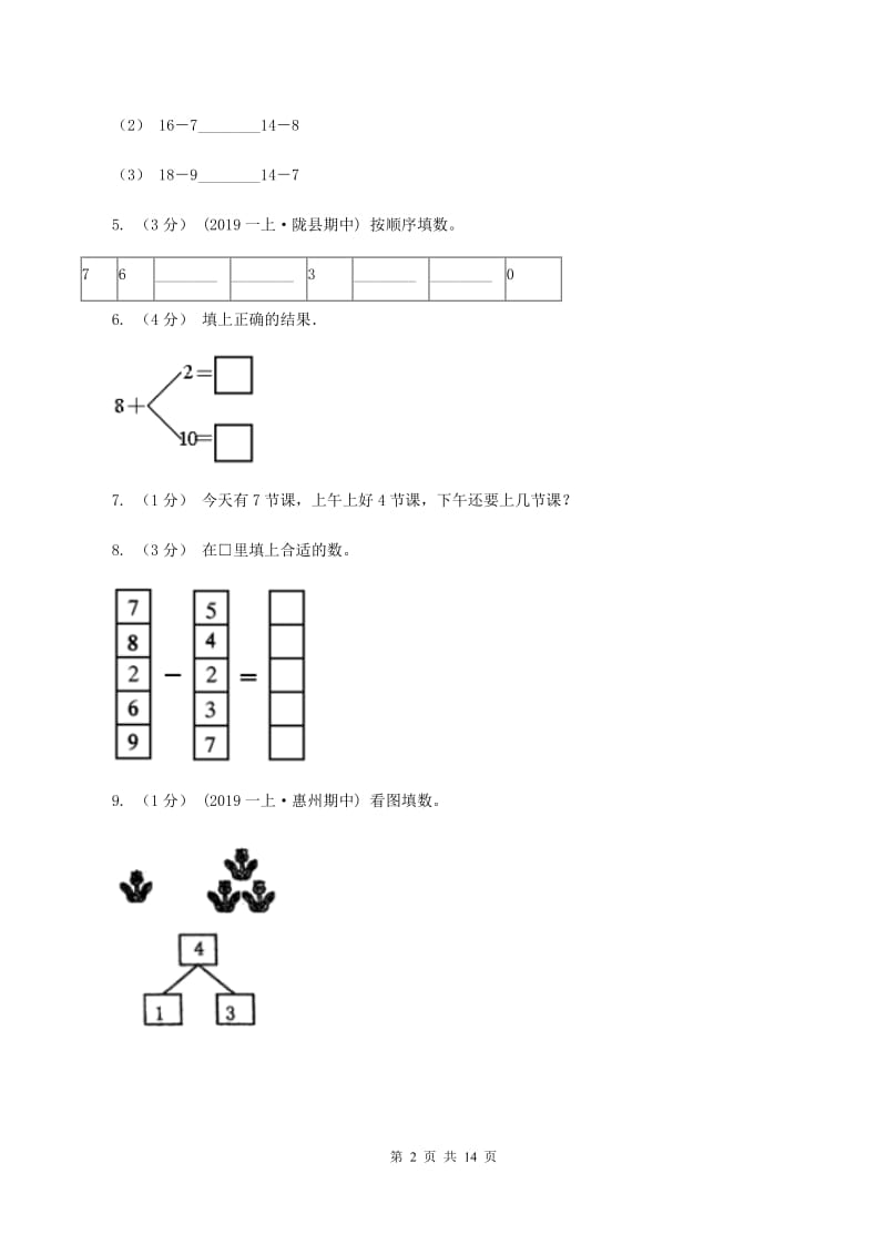 新人教版一年级数学上学期期末复习专练二：6～10的认识和加减法A卷_第2页