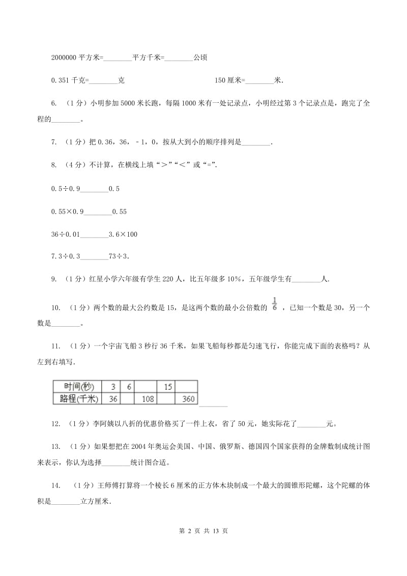 江西版2020年小学数学毕业模拟考试模拟卷 13 （II ）卷_第2页