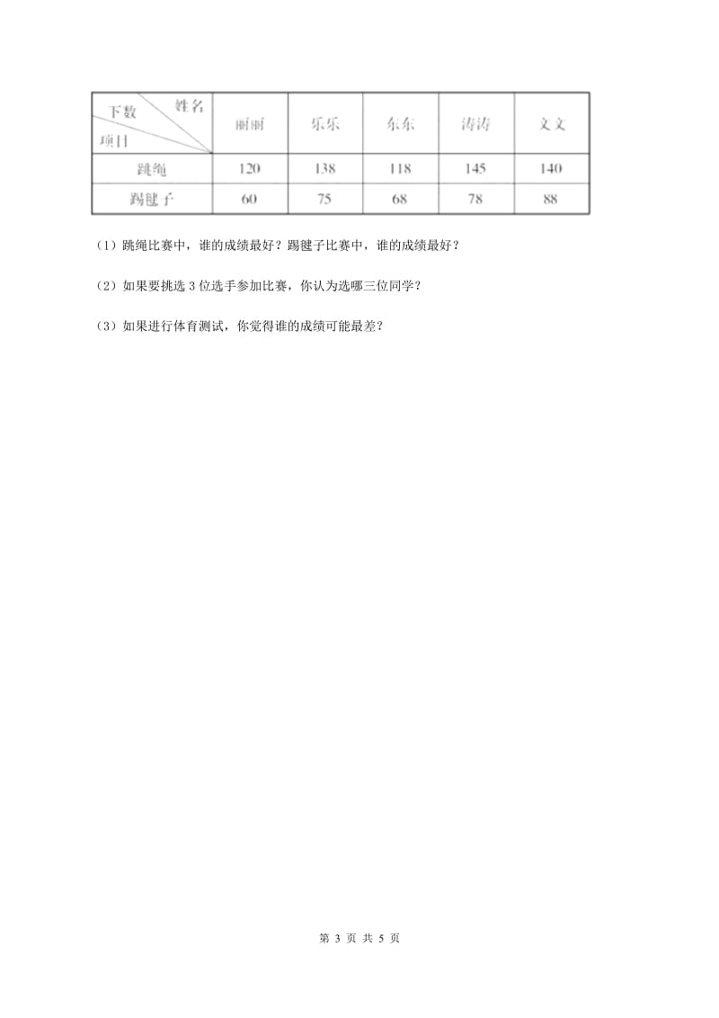 人教版数学三年级下册 第三单元 复式统计表 （I）卷_第3页