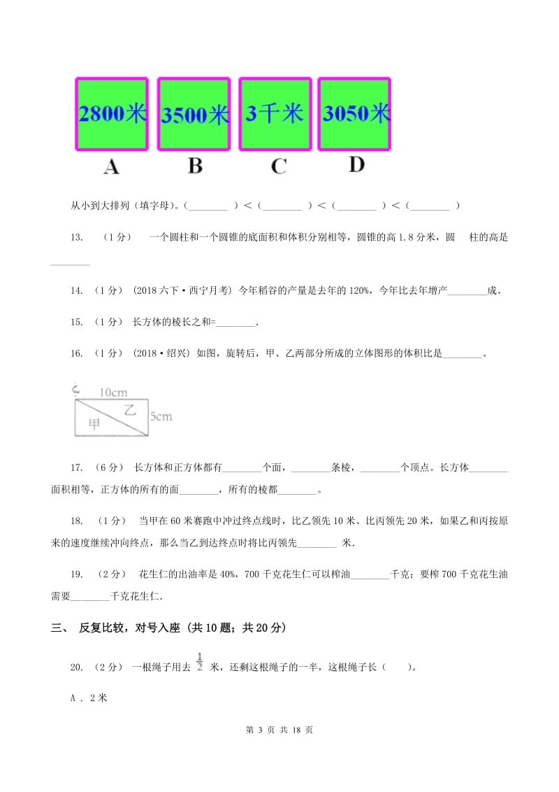 人教版小升初数学模拟试卷A卷(3)_第3页