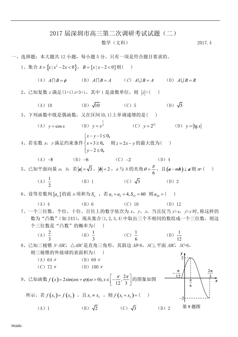 2017届深圳市高三(二模)数学(文)_第1页