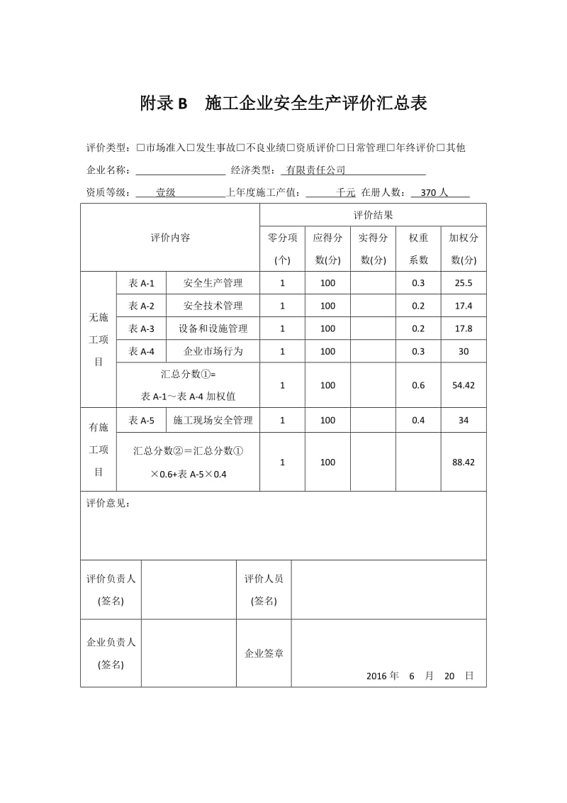 2016年施工企业安全生产评价汇总表_第1页