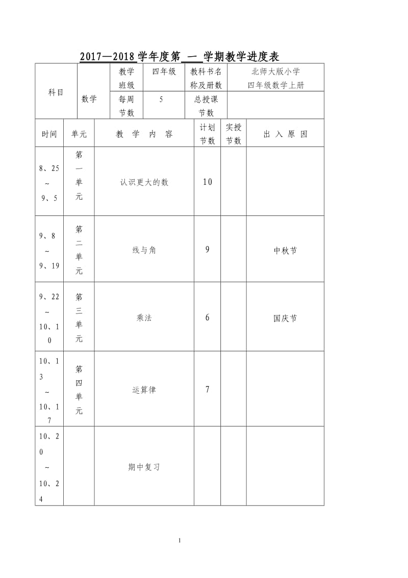 2017新北师大版四年级上册数学教案_第1页