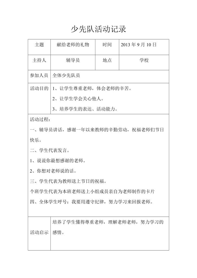 2013年秋季学期少先队活动记录表_第1页