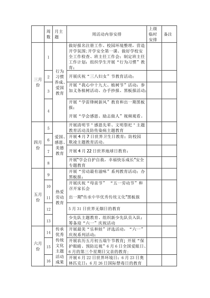 2018年德育每周主题活动安排表_第1页