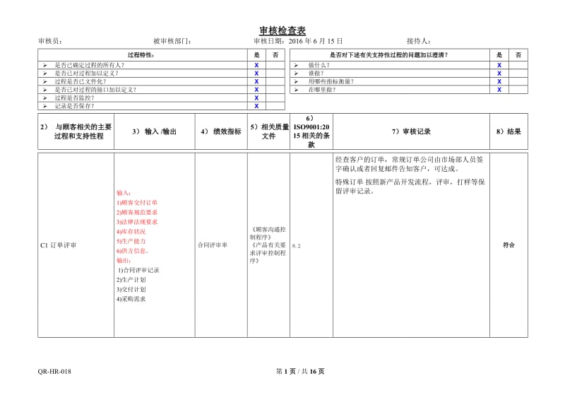 ISO9001-2015内审检查表(过程方法)_第1页