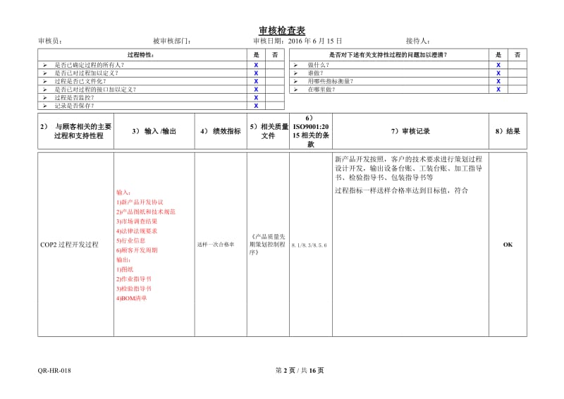 ISO9001-2015内审检查表(过程方法)_第2页