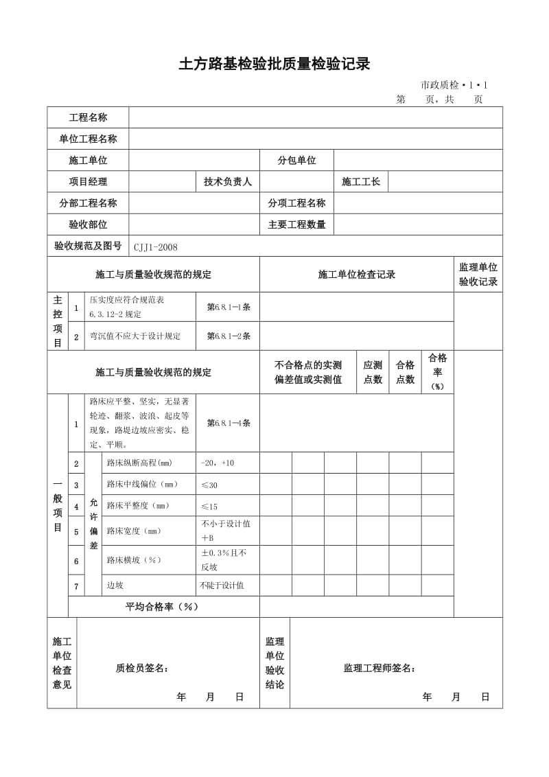 CJJ1-2008城镇道路工程检验批质量检验表格(全套)_第1页