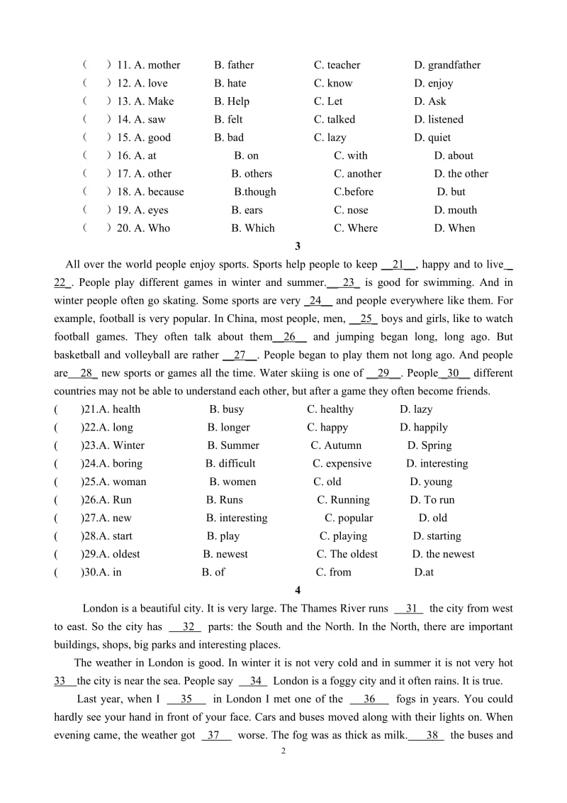 3.人教版八年级英语上册---完形填空专项练习_第2页