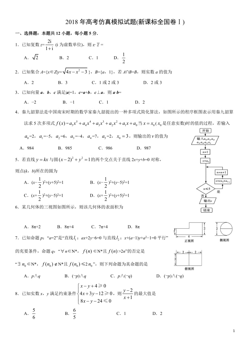 2018年高考仿真模拟试题(新课标全国卷Ⅰ)理科数学(一)_第1页