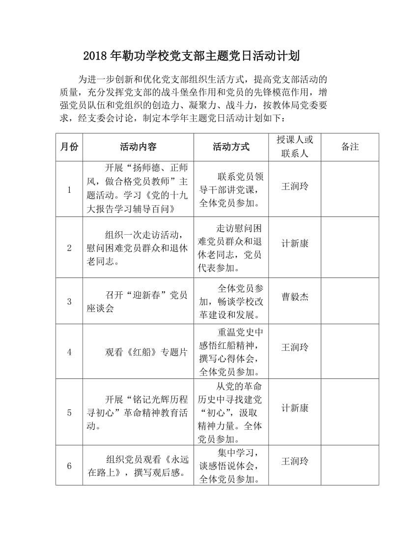 2018年勒功学校党支部主题党日活动计划_第1页