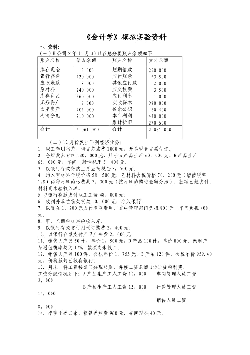 《会计学》模拟实验资料_第1页