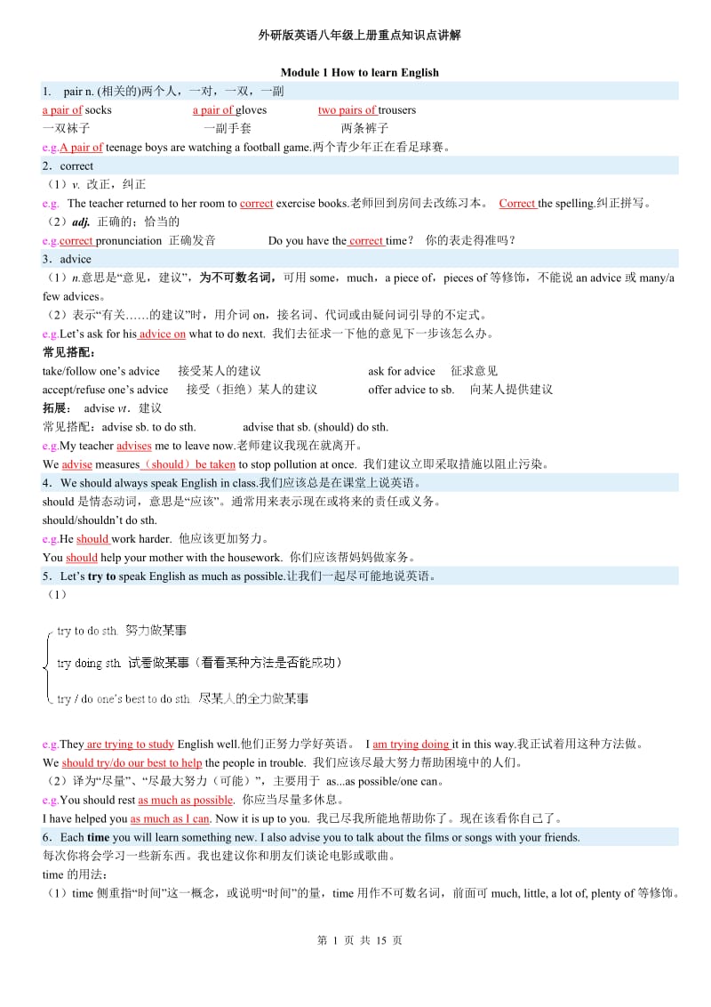 八年级上册英语外研版各模块知识点_第1页