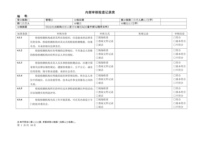 2015年检验检测机构内审记录表(管理层)_第1页