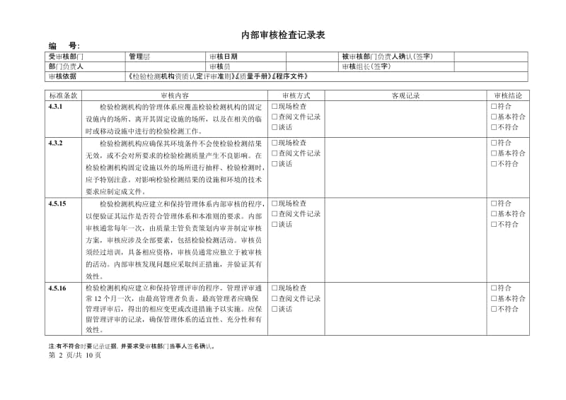 2015年检验检测机构内审记录表(管理层)_第2页