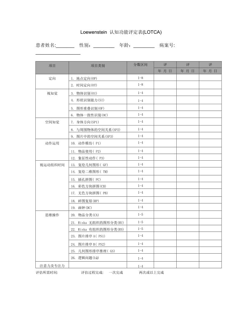 Loewenstein-认知功能评定表(LOTCA)_第1页