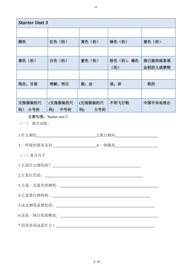 2016人教版七年级英语上册单词句子重点归纳汉译英_第3页