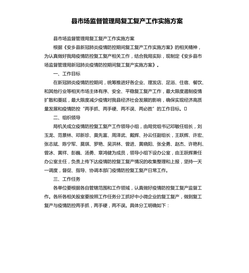 县市场监督管理局复工复产工作实施方案.docx_第1页