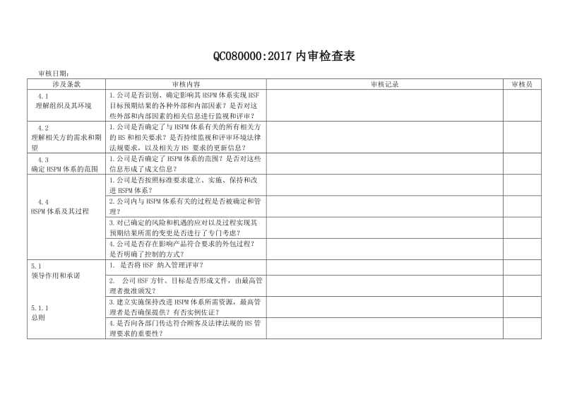 2017版QC080000内审检查表_第1页
