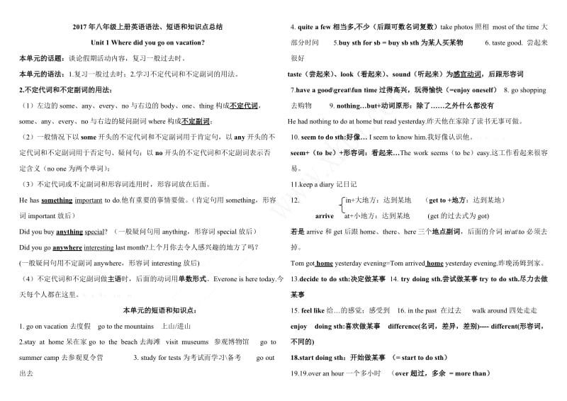 2017年八年级上册英语语法、短语和知识点总结_第1页
