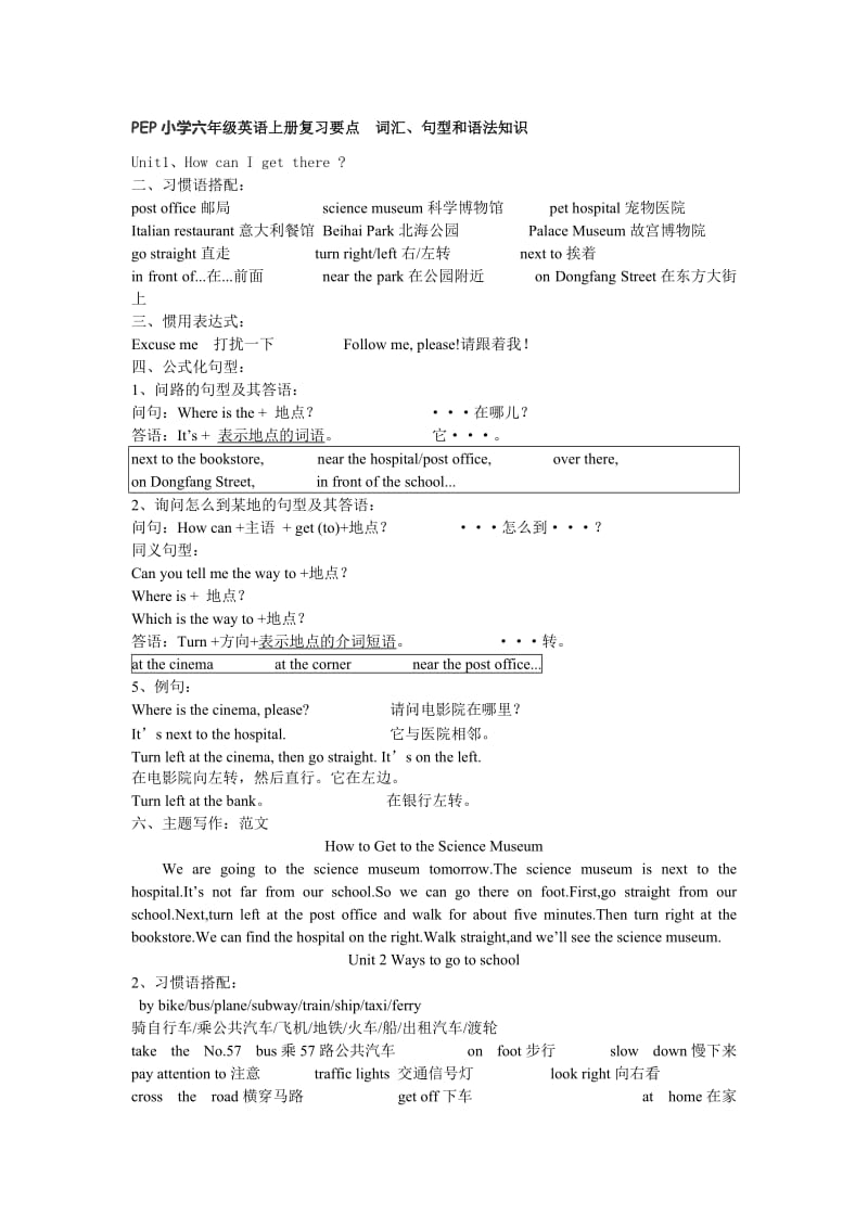 PEP小学六年级英语上册复习要点--词汇、句型和语法知识_第1页