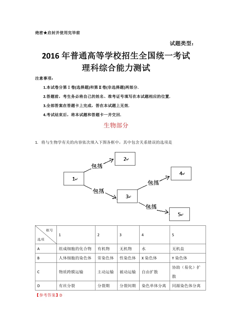 (精校版)2016年普通高等学校招生全国统一考试北京卷理综生物试题含答案(北京卷-解析版)_第1页