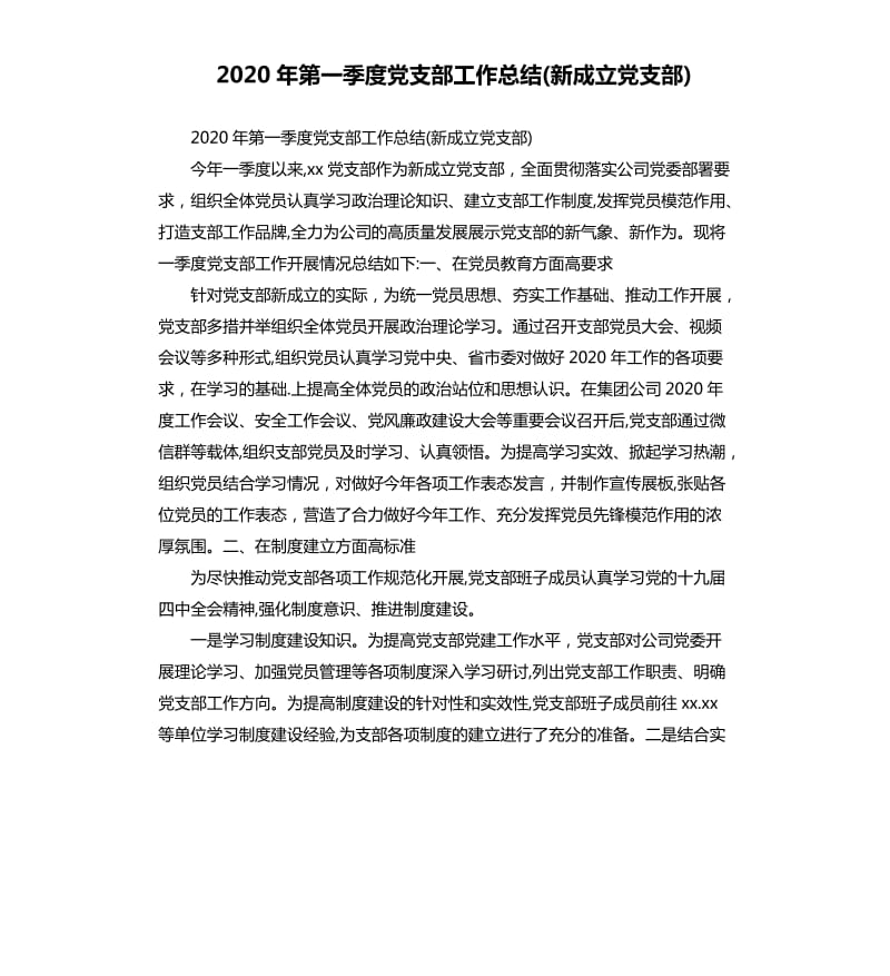 2020年第一季度党支部工作总结(新成立党支部).docx_第1页