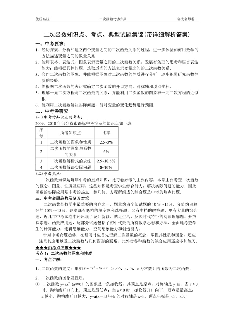 二次函数知识点、考点、典型试题集锦(带详细解析答案)_第1页