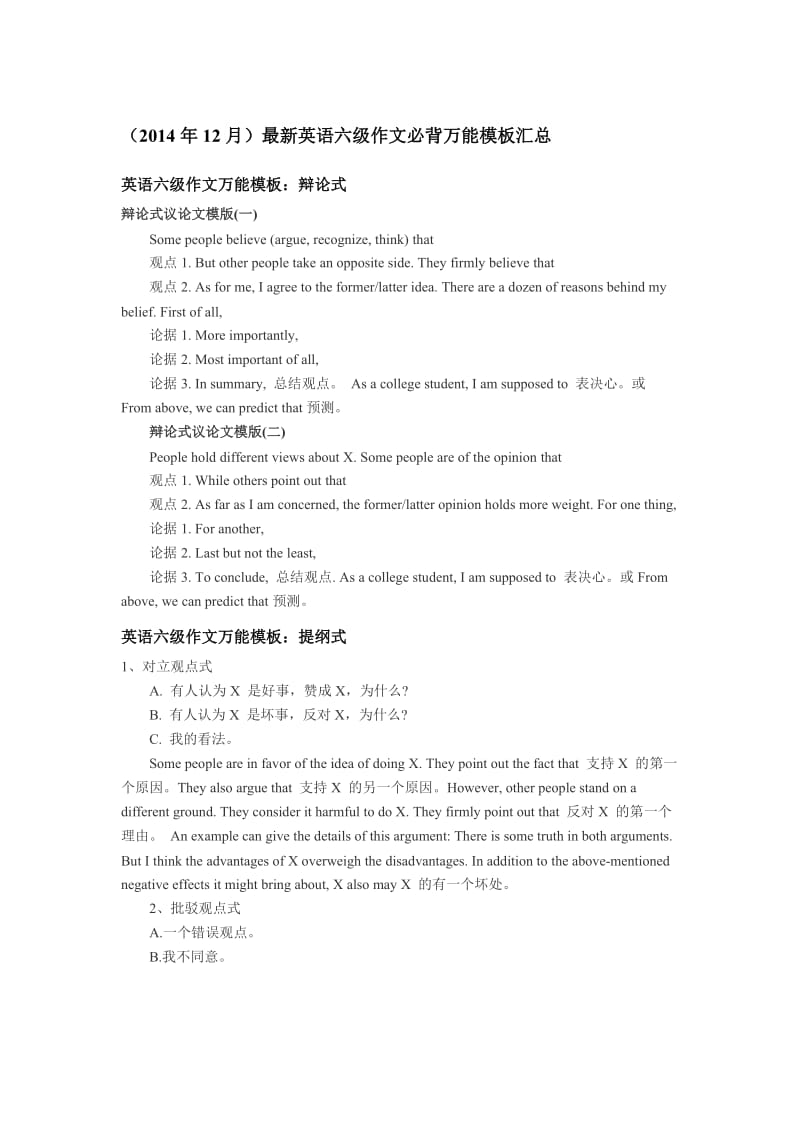 2015年最新英语六级作文必背万能模板汇总_第1页