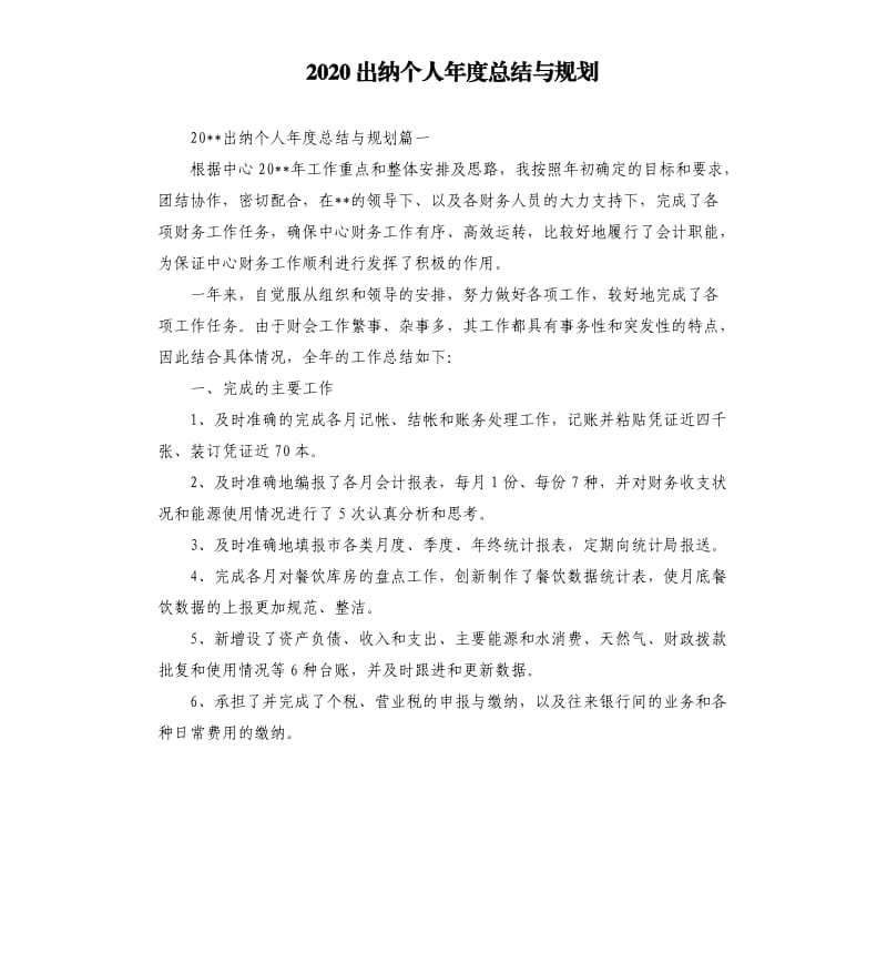 2020出纳个人年度总结与规划.docx_第1页