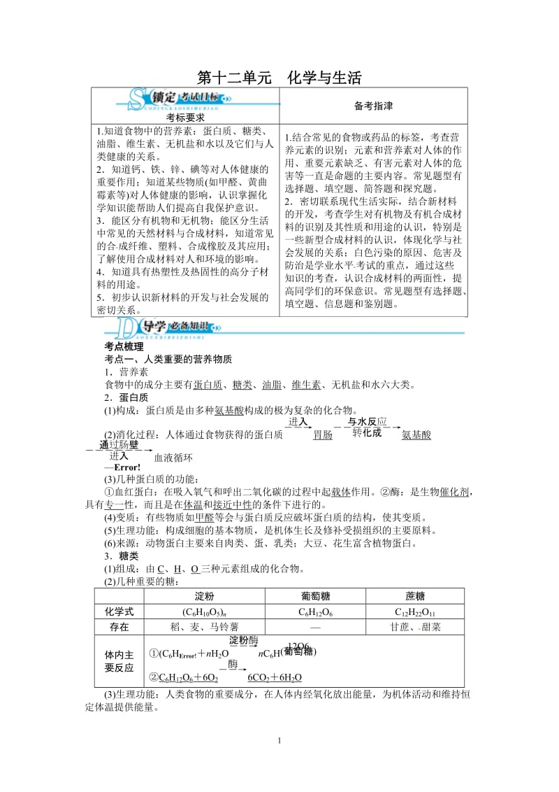 2013版中考化学总复习（人教版）精讲精练：第12单元　化学与生活_第1页