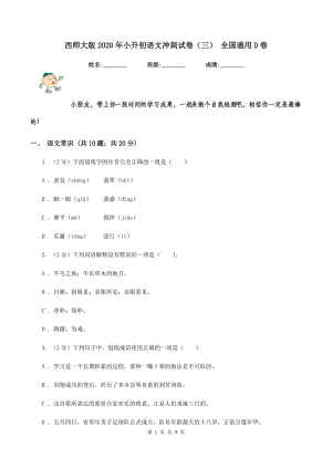 西師大版2020年小升初語文沖刺試卷（三） 全國通用D卷