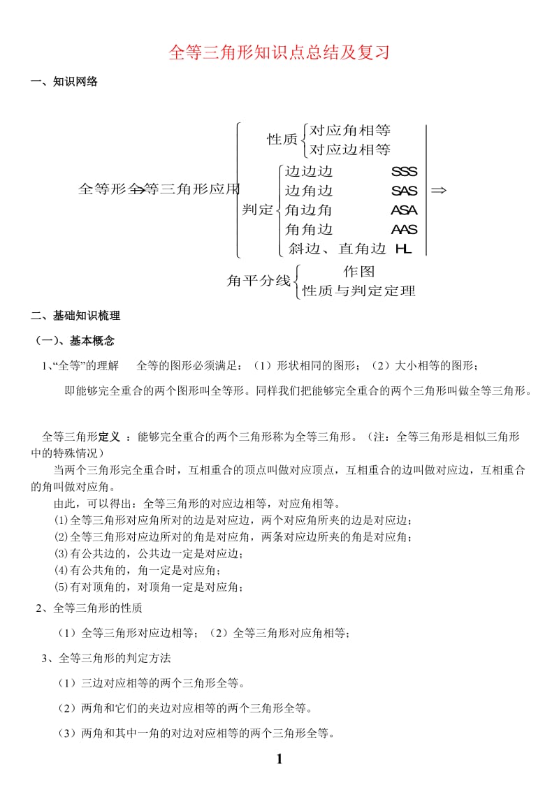 初中数学全等三角形知识点总结及复习_第1页