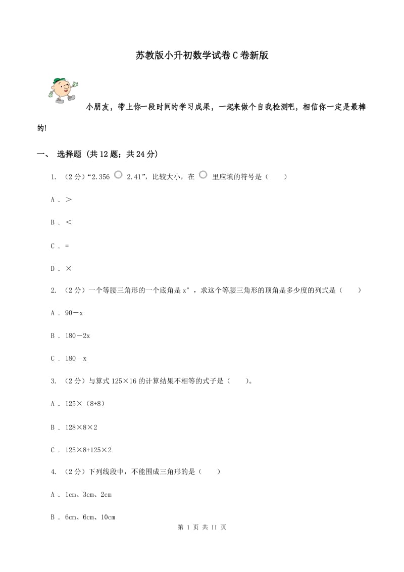 苏教版小升初数学试卷C卷新版_第1页