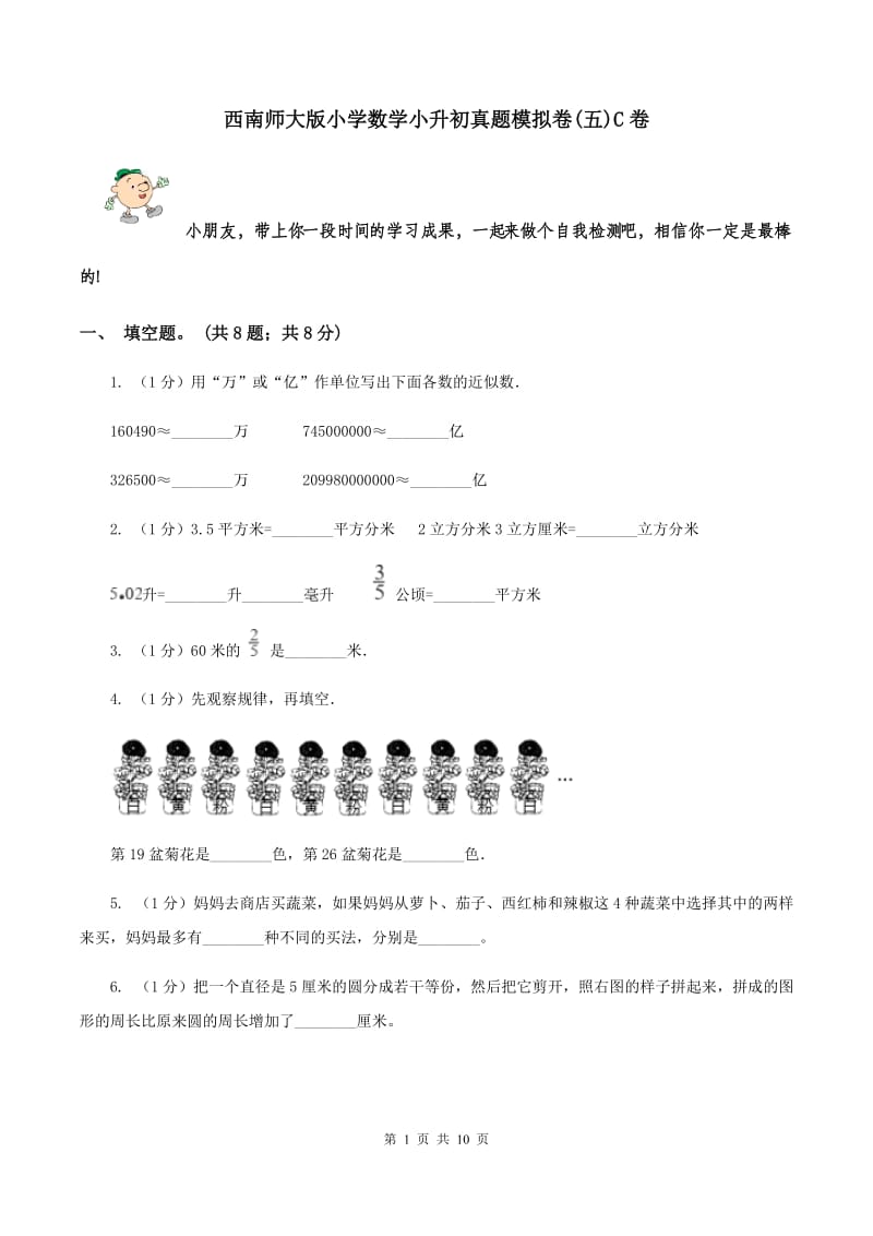 西南师大版小学数学小升初真题模拟卷(五)C卷_第1页