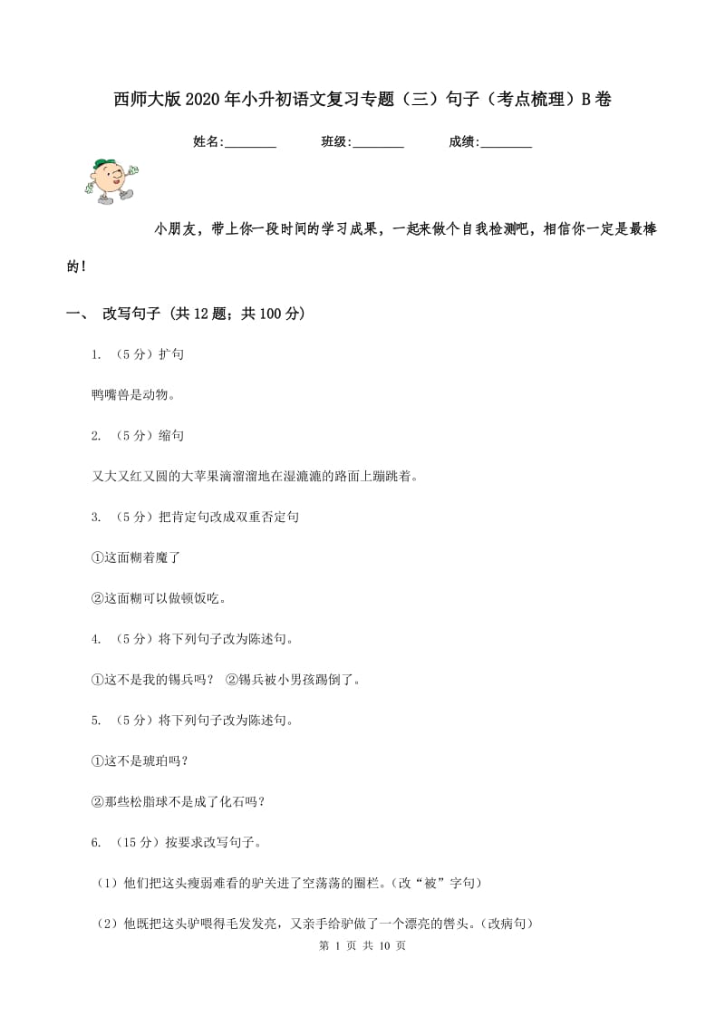 西师大版2020年小升初语文复习专题（三）句子（考点梳理）B卷_第1页