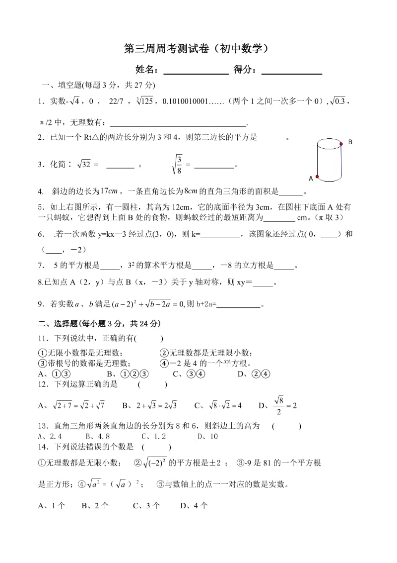 北师版八年级数学上册期中测试题_第1页