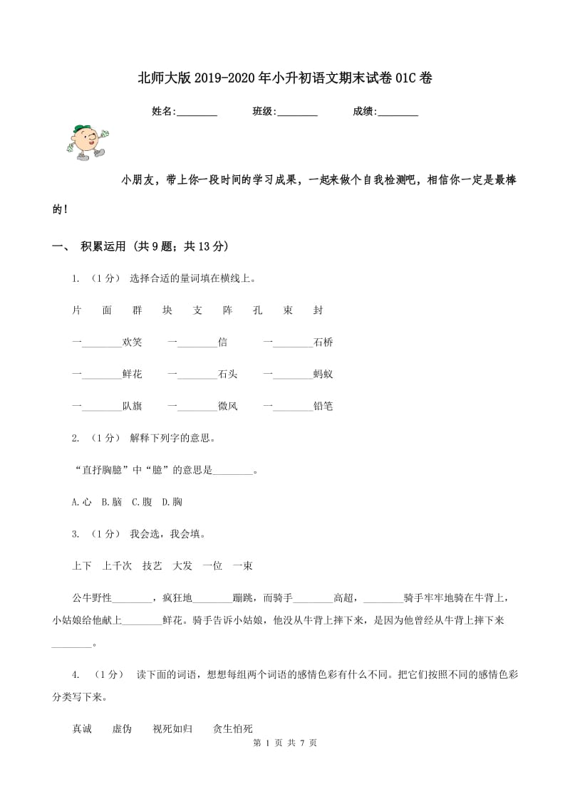 北师大版2019-2020年小升初语文期末试卷01C卷_第1页