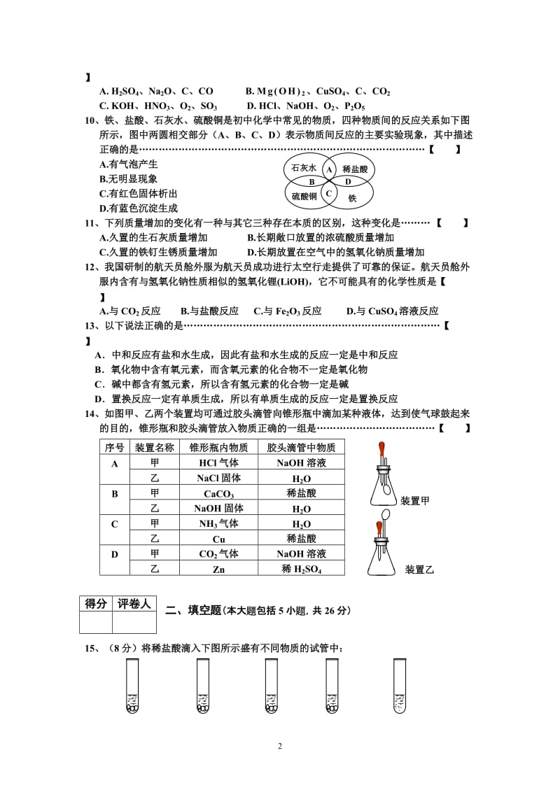 初三化学第10单元试卷（试题内容：酸和碱）_第2页