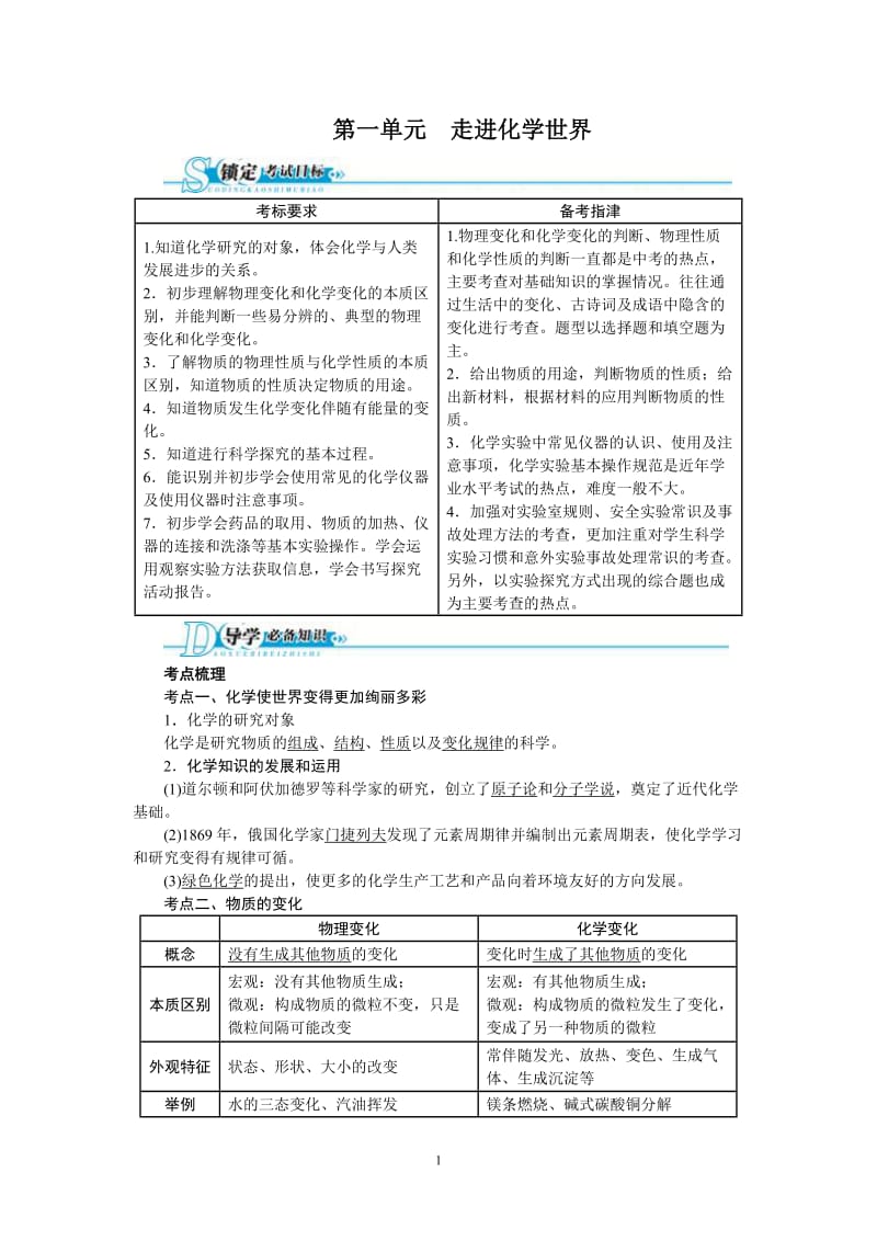 2013版中考化学总复习（人教版）精讲精练：第1单元　走进化学世界_第1页