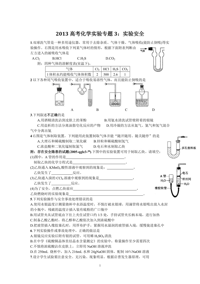 2012高考化学实验专题3：实验安全_第1页