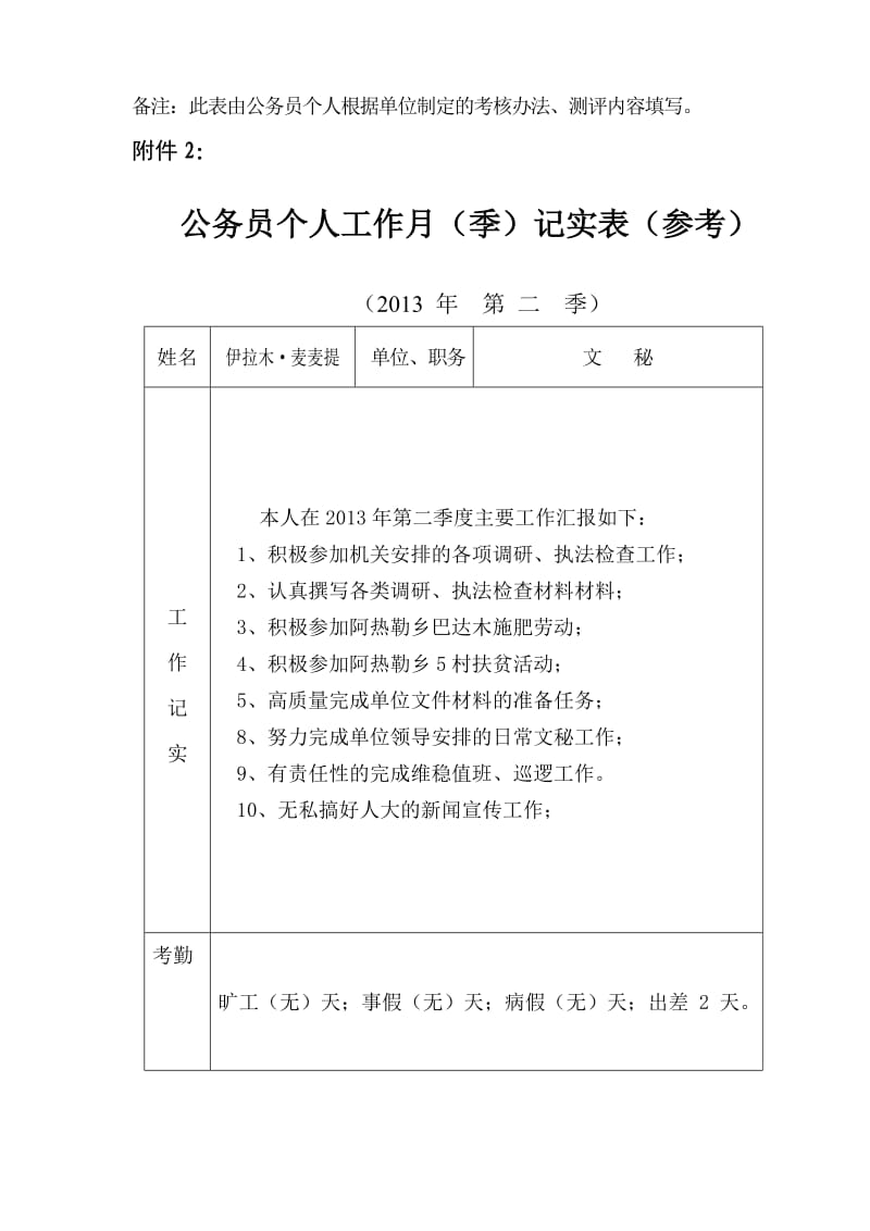 公务员个人工作月记实表_第2页