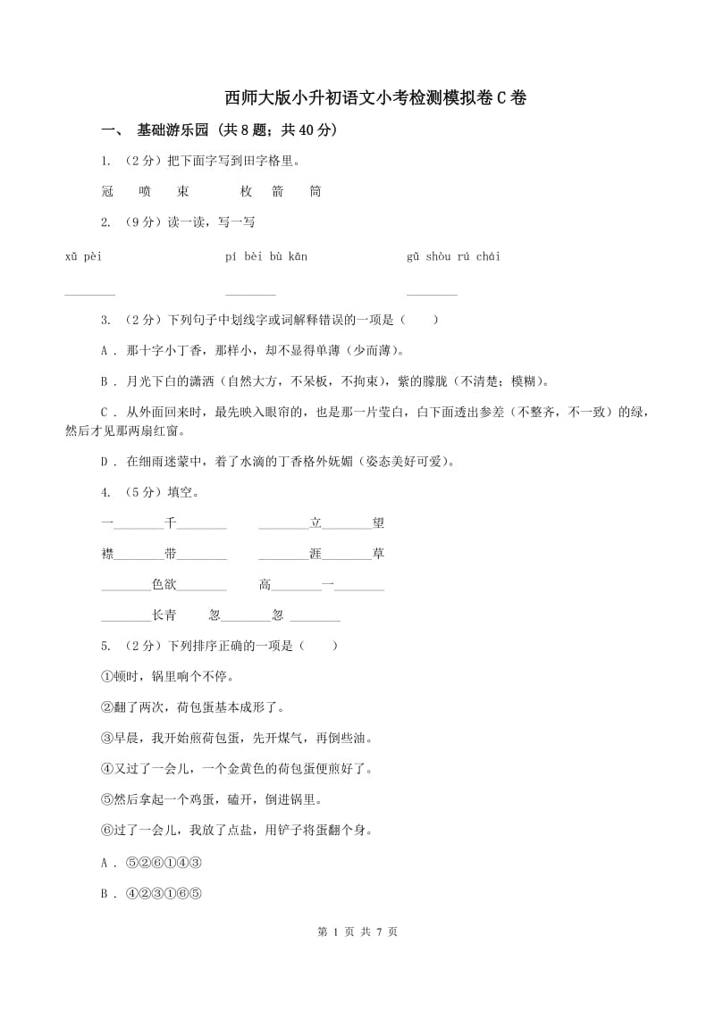 西师大版小升初语文小考检测模拟卷C卷_第1页