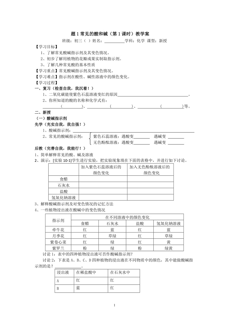 【化学】课题1常见的酸和碱教学案_第1页