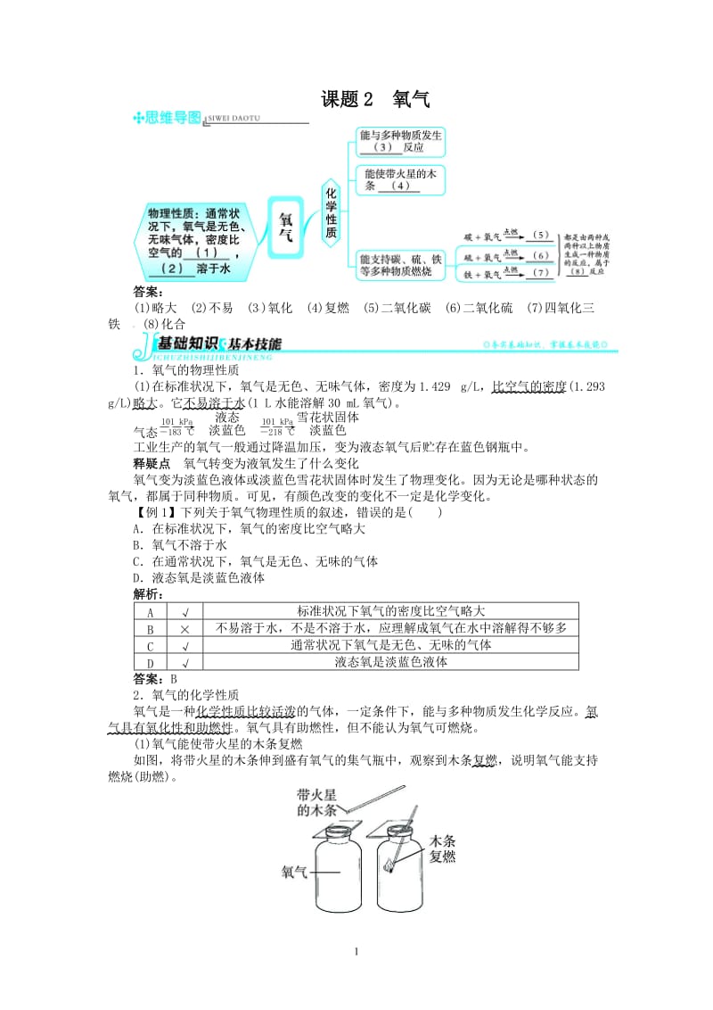 新人教版九年级化学上册例题精讲：第2单元 课题2氧气_第1页