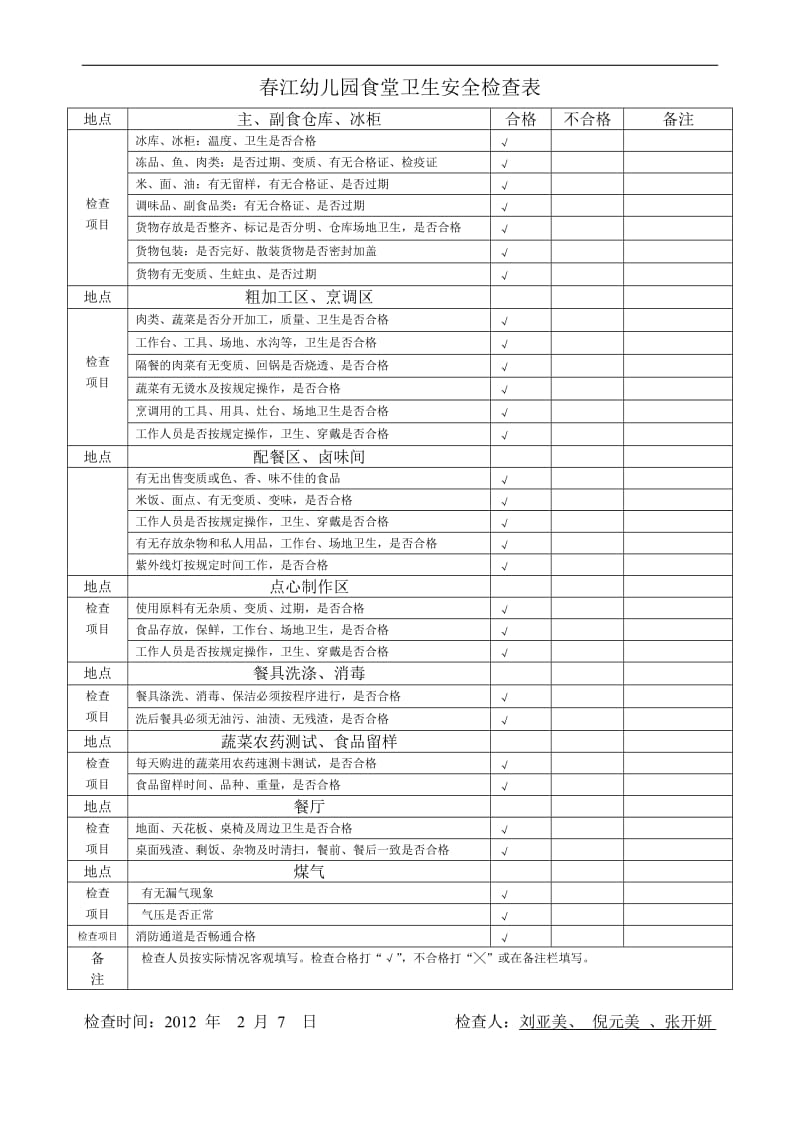 春江幼儿园食堂卫生安全检查表_第1页