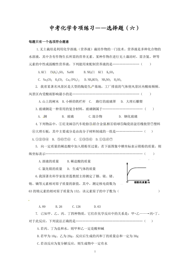 中考化学专项练习 选择题（6）_第1页