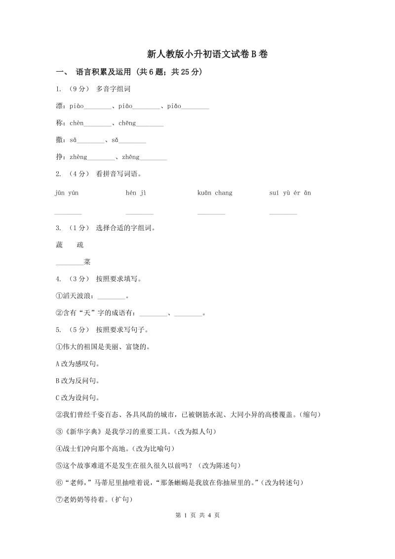 新人教版小升初语文试卷B卷_第1页