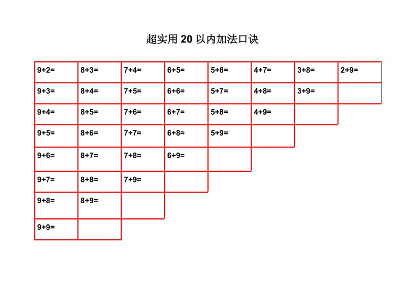 超实用20以内的加减法口诀表(无得数)_第3页